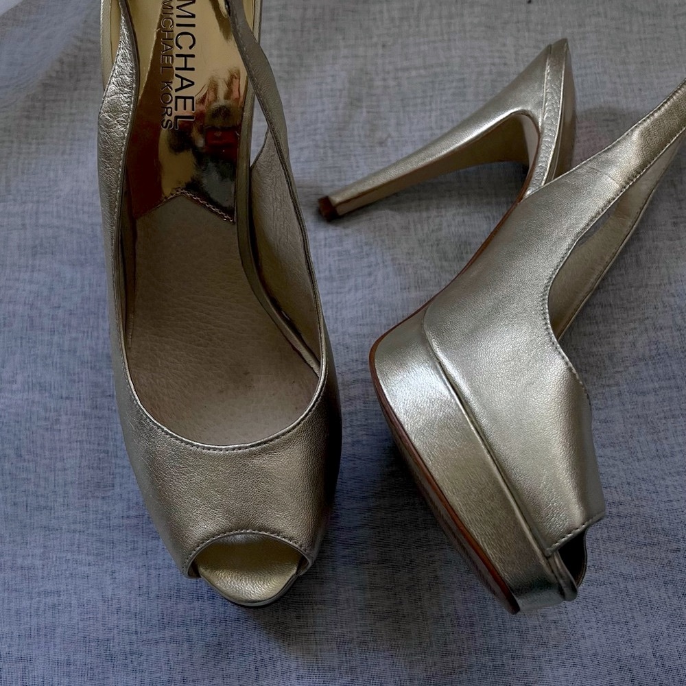 Michael Kors gold leather, peep toe, sling back, platform heels.
